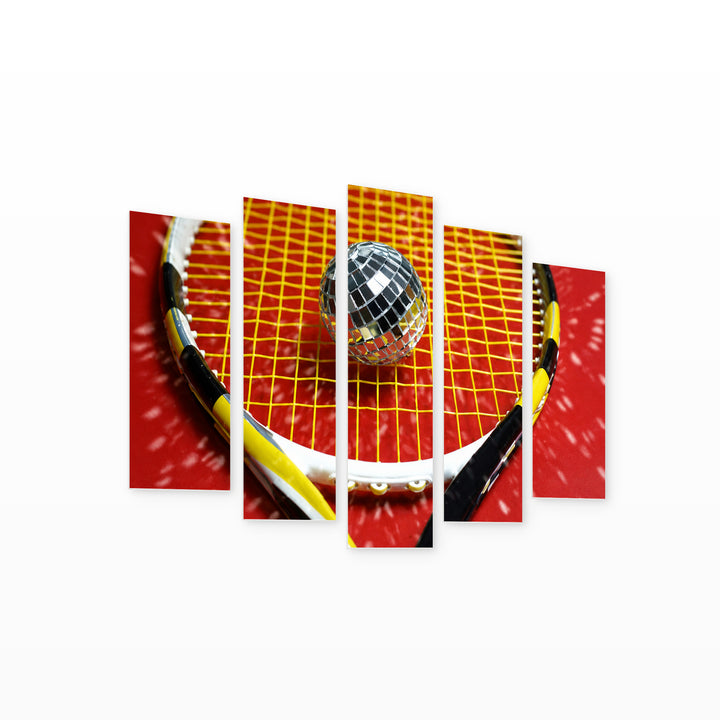 Disco Ball on a Tennis Racket at Night — five-panel wall art on white background in perspective | 5wallart 51638 M1