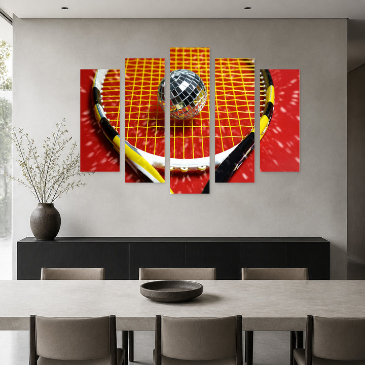 Disco Ball on a Tennis Racket at Night — five-panel wall art in frontal interior | 5wallart 51638 M3
