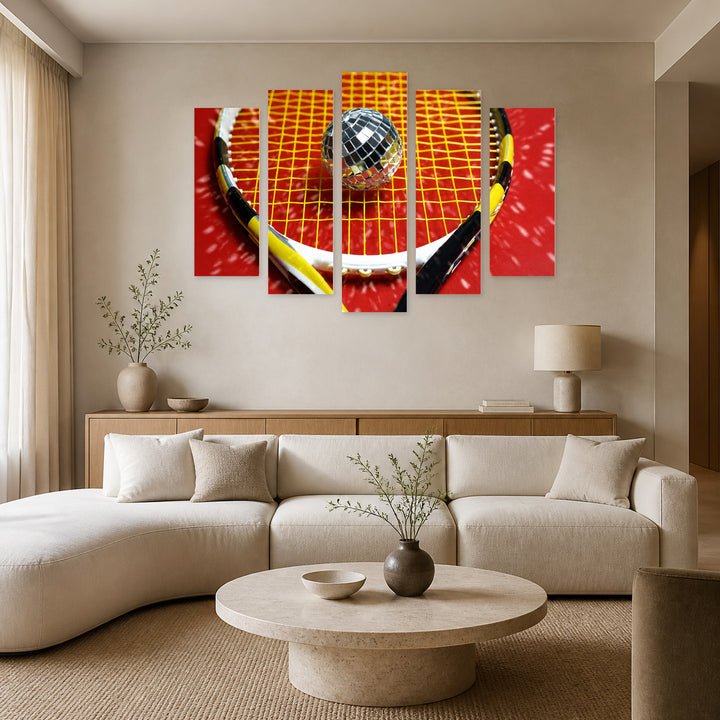 Disco Ball on a Tennis Racket at Night — five-panel wall art in alternate frontal interior | 5wallart 51638 M4