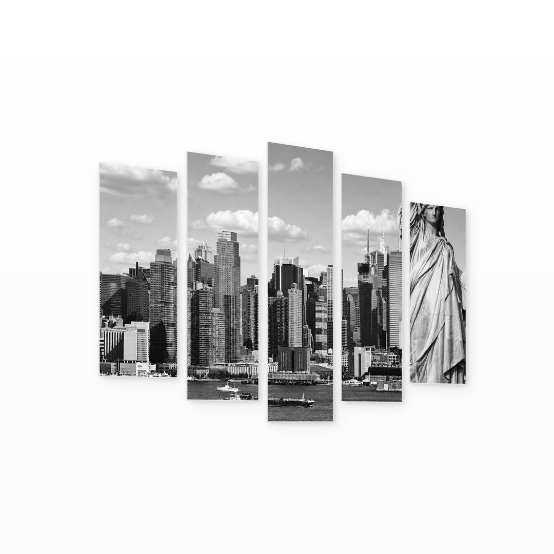 Black and White Statue of Liberty Urban Panorama — five-panel wall art on white background in perspective | 5wallart 51642 M1