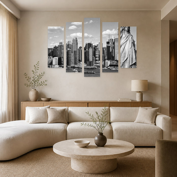 Black and White Statue of Liberty Urban Panorama — five-panel wall art in alternate frontal interior | 5wallart 51642 M4