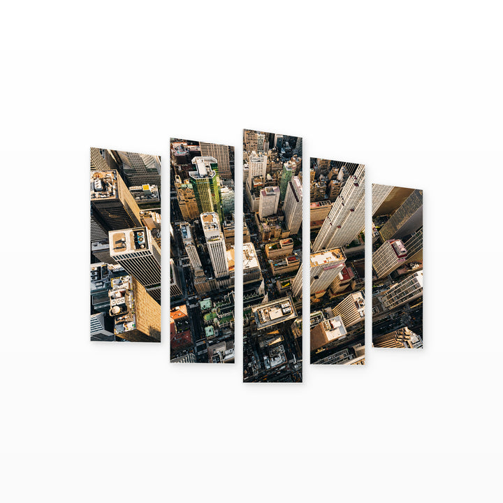 Aerial View of Manhattan with Geometric Rhythm — five-panel wall art on white background in perspective | 5wallart 51643 M1