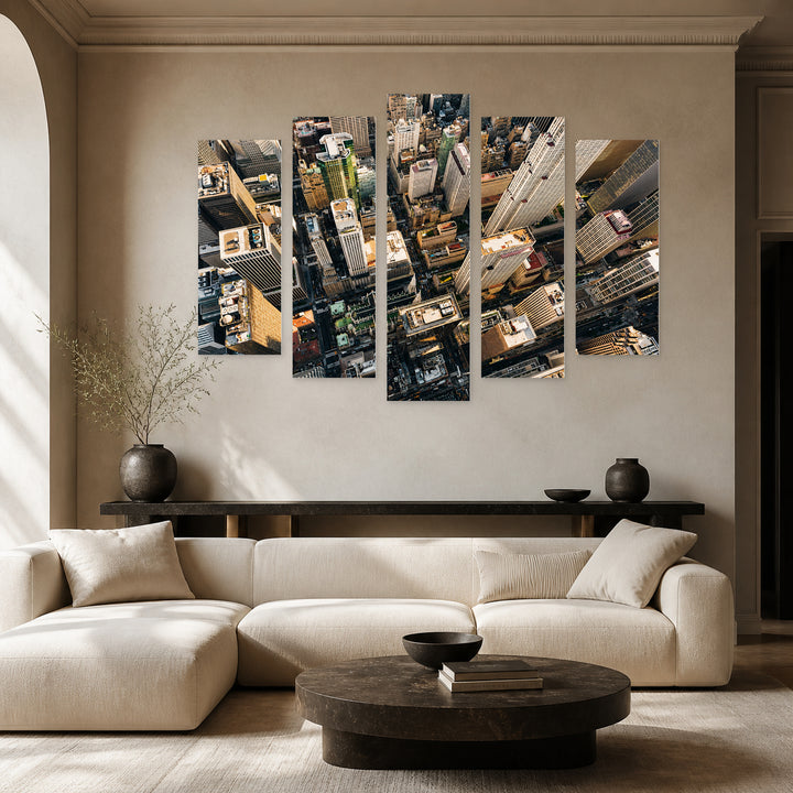 Aerial View of Manhattan with Geometric Rhythm — five-panel wall art in frontal interior | 5wallart 51643 M3