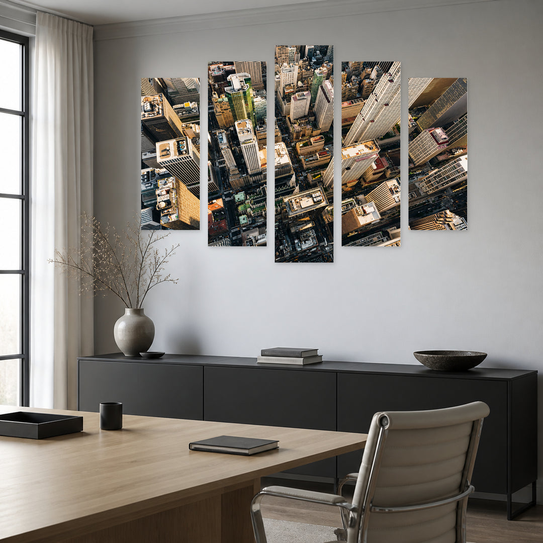 Aerial View of Manhattan with Geometric Rhythm — five-panel wall art in alternate frontal interior | 5wallart 51643 M4