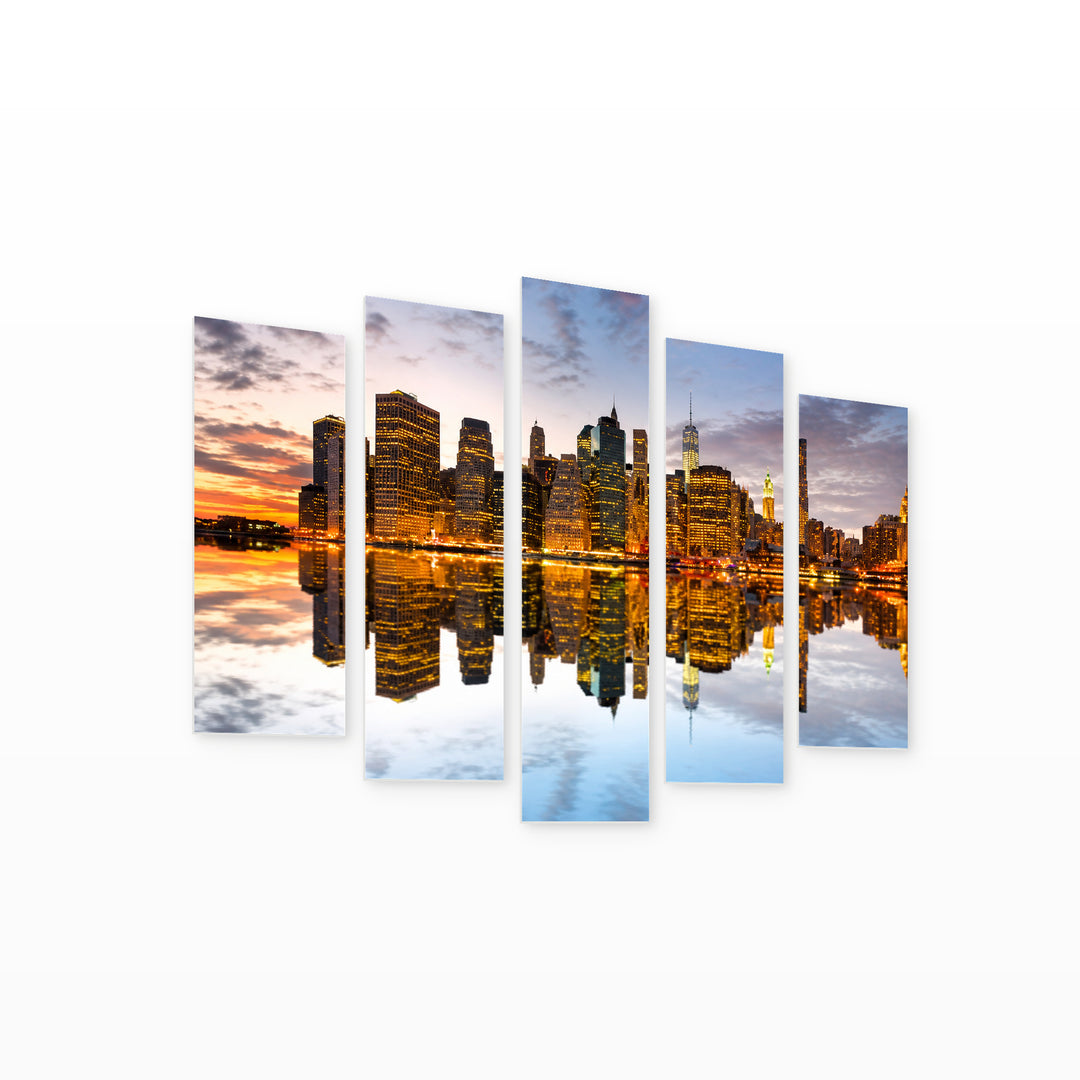 Reflection of Manhattan Silhouette with Geometric Rhythm — five-panel wall art on white background in perspective | 5wallart 51644 M1