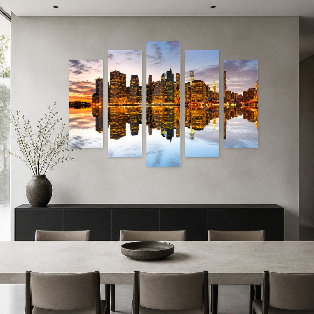 Reflection of Manhattan Silhouette with Geometric Rhythm — five-panel wall art in frontal interior | 5wallart 51644 M3