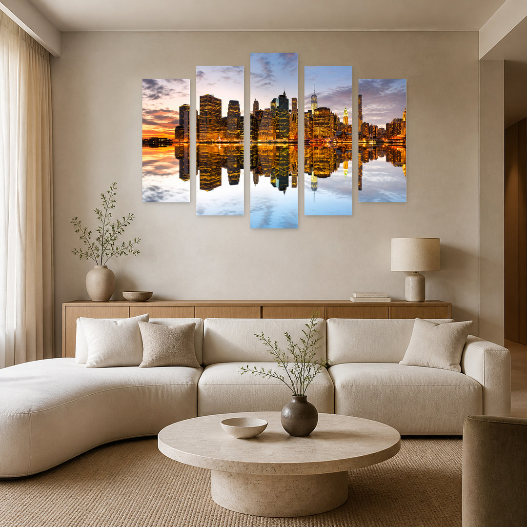 Reflection of Manhattan Silhouette with Geometric Rhythm — five-panel wall art in alternate frontal interior | 5wallart 51644 M4