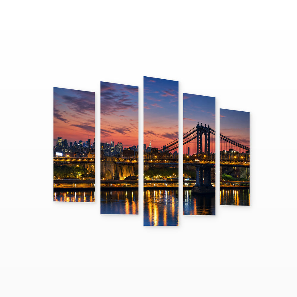 Brooklyn Bridge and Manhattan Silhouette with Dramatic Contrast — five-panel wall art on white background in perspective | 5wallart 51645 M1