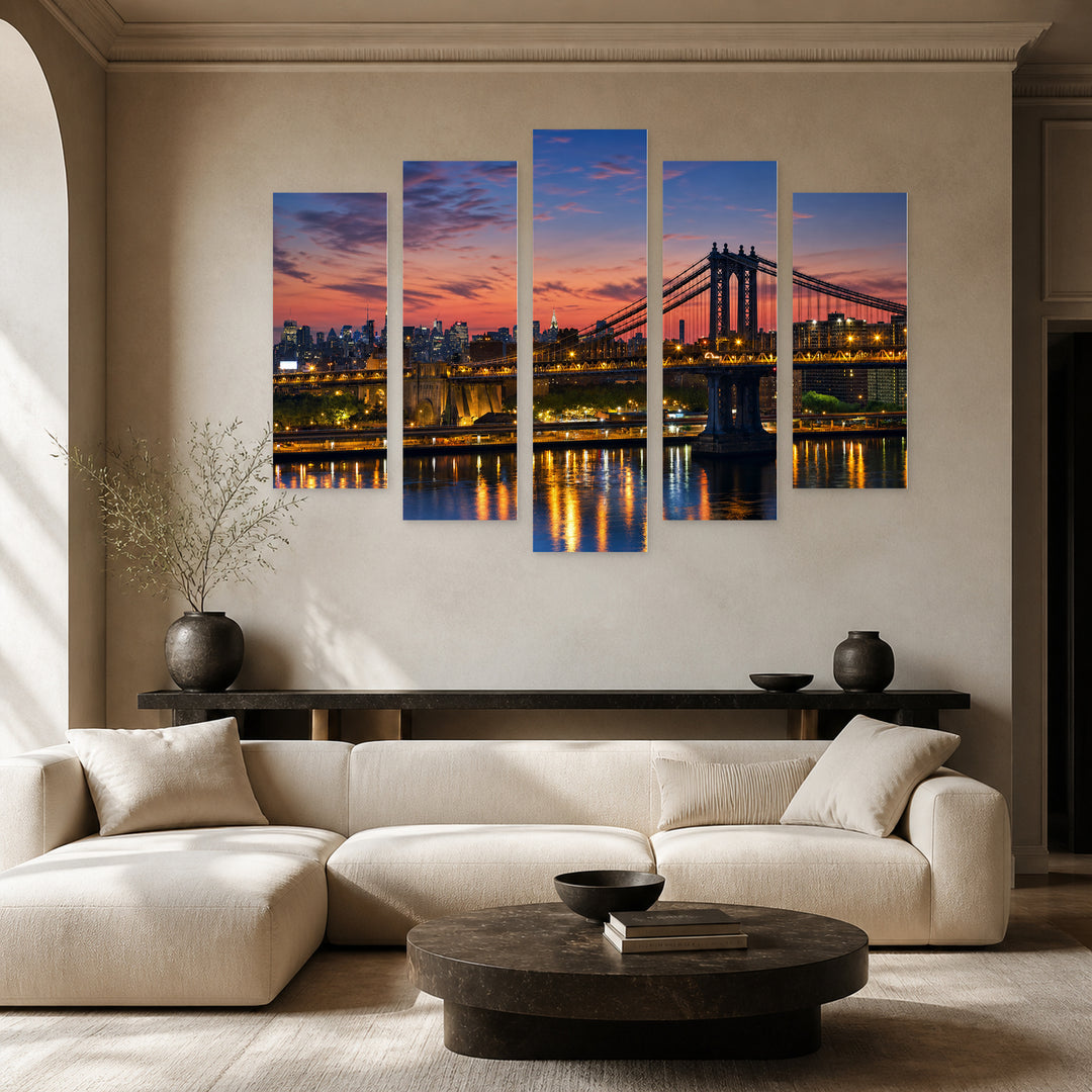 Brooklyn Bridge and Manhattan Silhouette with Dramatic Contrast — five-panel wall art in frontal interior | 5wallart 51645 M3