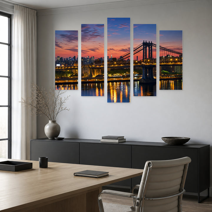 Brooklyn Bridge and Manhattan Silhouette with Dramatic Contrast — five-panel wall art in alternate frontal interior | 5wallart 51645 M4