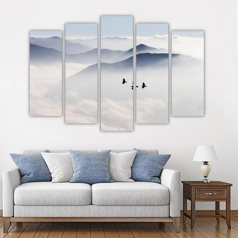 Silhouettes of mountains and birds – five-piece modular wall art