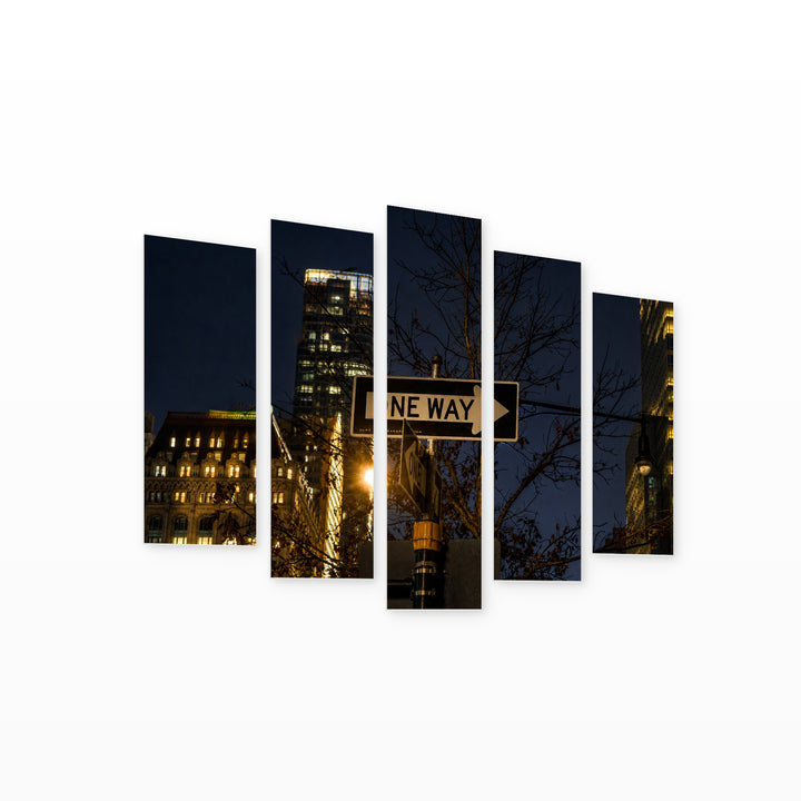 One-way Sign - New York at Night — five-panel wall art on white background in perspective | 5wallart 51650 M1