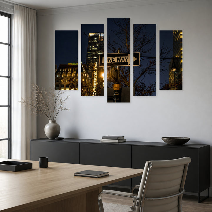 One-way Sign - New York at Night — five-panel wall art in frontal interior | 5wallart 51650 M3