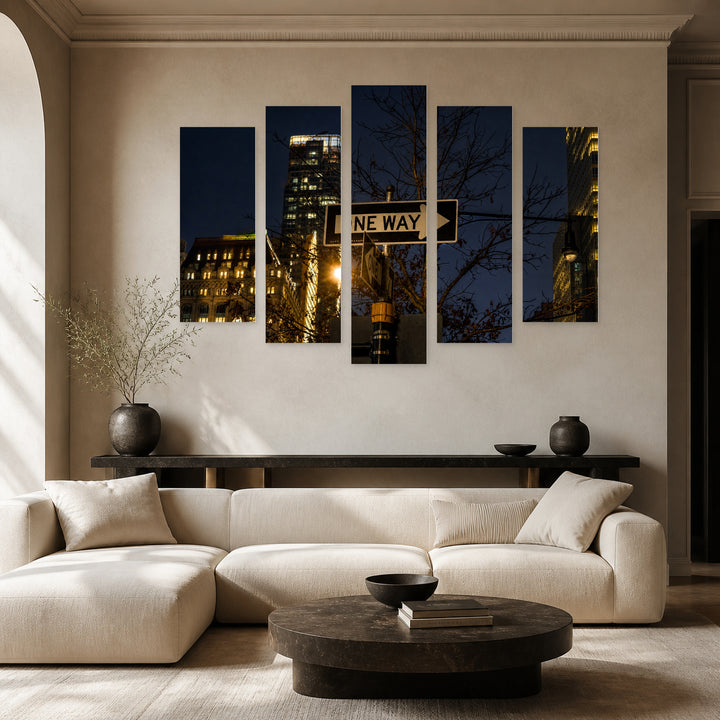One-way Sign - New York at Night — five-panel wall art in alternate frontal interior | 5wallart 51650 M4