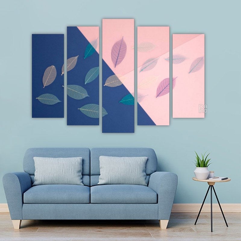 Blue and pink flowers with decoration – five-piece modular wall art
