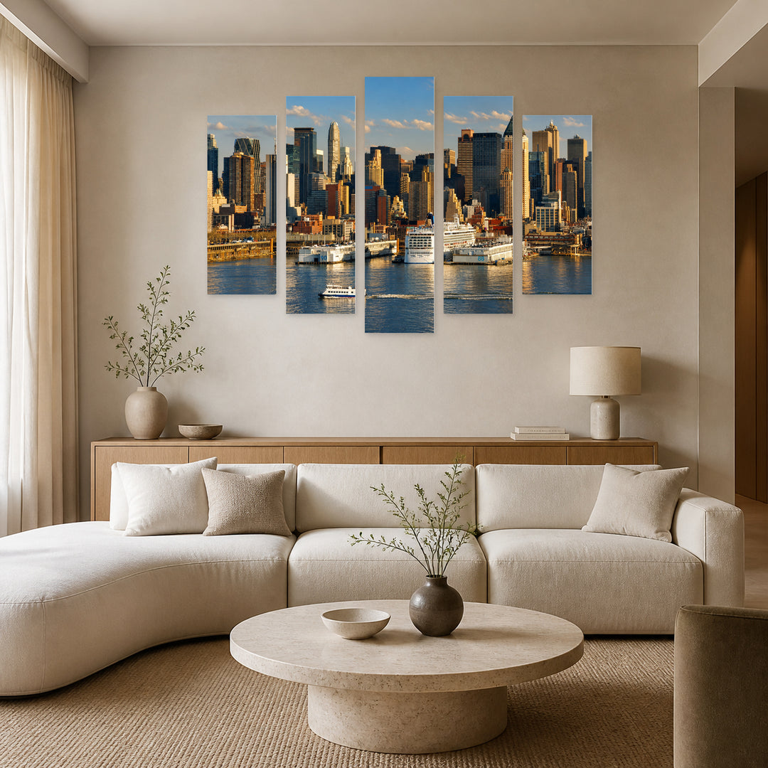 Hudson River in Blue and Gold — five-panel wall art in frontal interior | 5wallart 51661 M3