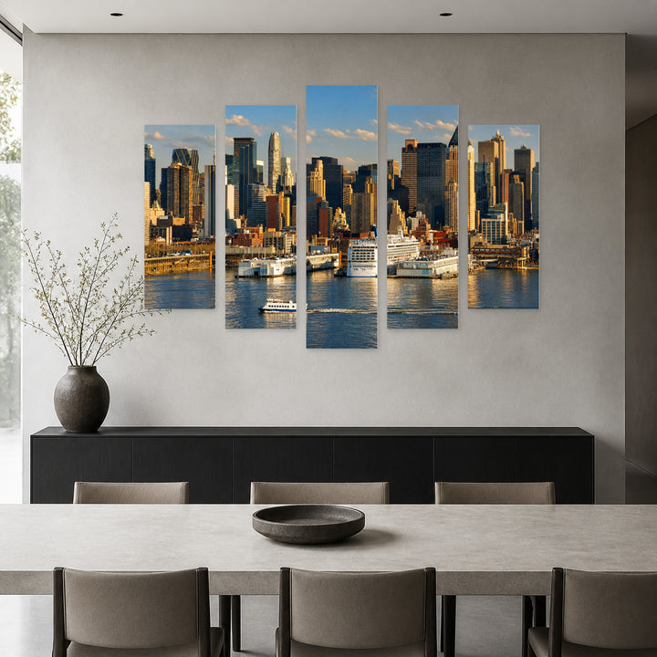 Hudson River in Blue and Gold — five-panel wall art in alternate frontal interior | 5wallart 51661 M4