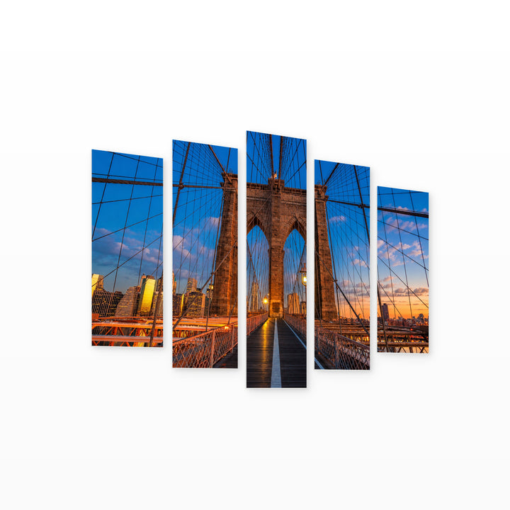 Brooklyn Bridge with Manhattan in Blue and Gold — five-panel wall art on white background in perspective | 5wallart 51670 M1