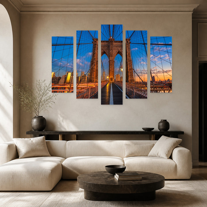 Brooklyn Bridge with Manhattan in Blue and Gold — five-panel wall art in alternate frontal interior | 5wallart 51670 M4