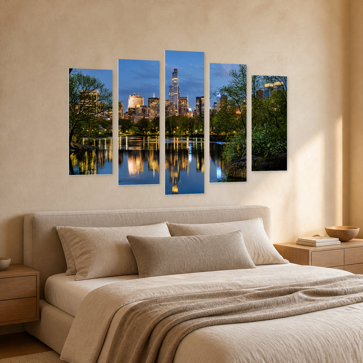 Central Park, Manhattan in Vivid Color — five-panel wall art in perspective interior | 5wallart 51671 M2