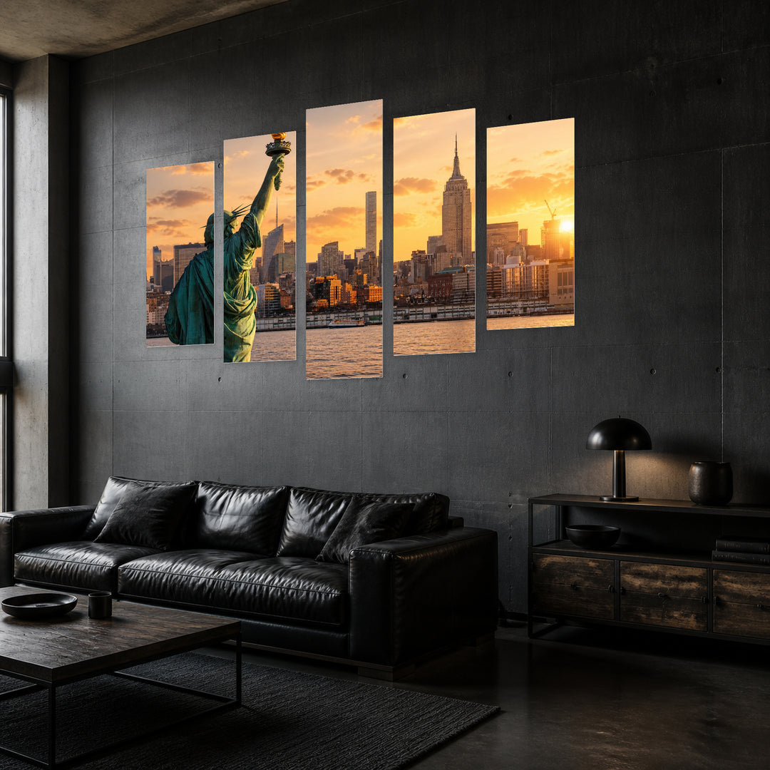 Statue of Liberty and Sunset Silhouette Modern Composition — five-panel wall art in perspective interior | 5wallart 51680 M2