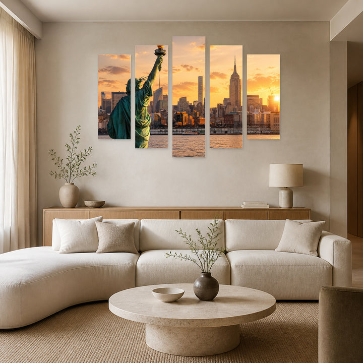 Statue of Liberty and Sunset Silhouette Modern Composition — five-panel wall art in alternate frontal interior | 5wallart 51680 M4