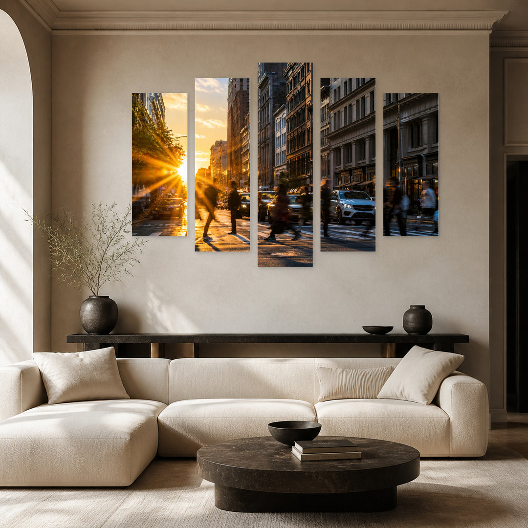 People in Motion in Vivid Color — five-panel wall art in frontal interior | 5wallart 51689 M3
