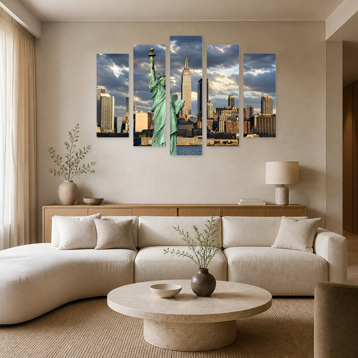 Buildings with Statue of Liberty with Dramatic Contrast — five-panel wall art in alternate frontal interior | 5wallart 51690 M4