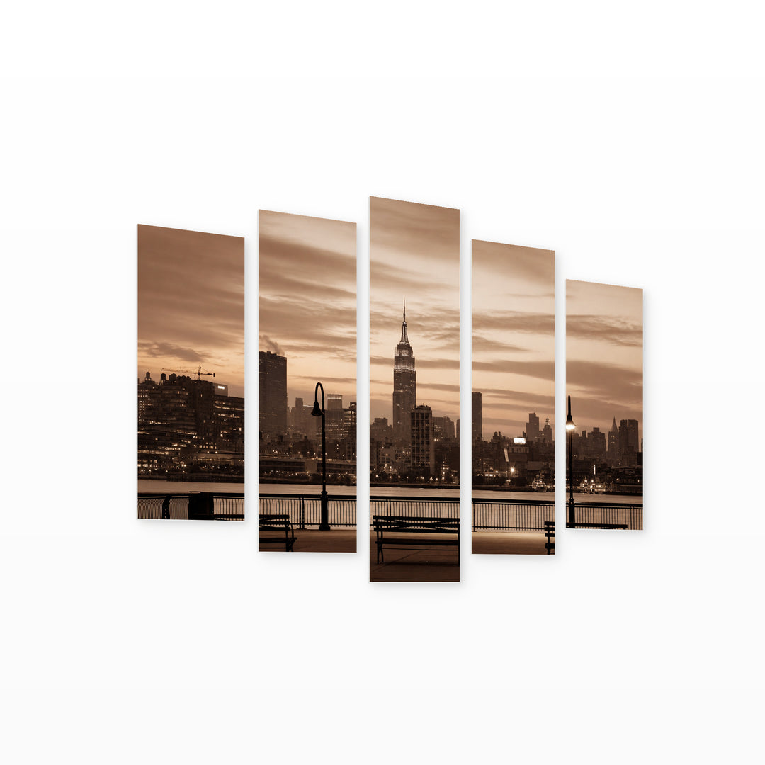 Silhouette of New York Skyscrapers with Dramatic Contrast — five-panel wall art on white background in perspective | 5wallart 51698 M1