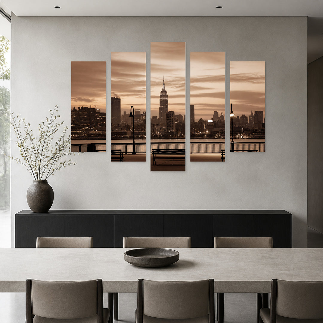 Silhouette of New York Skyscrapers with Dramatic Contrast — five-panel wall art in frontal interior | 5wallart 51698 M3