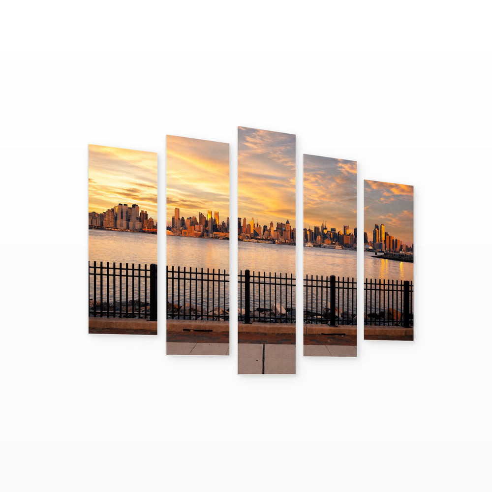 Golden Sunset over View of New York — five-panel wall art on white background in perspective | 5wallart 51700 M1