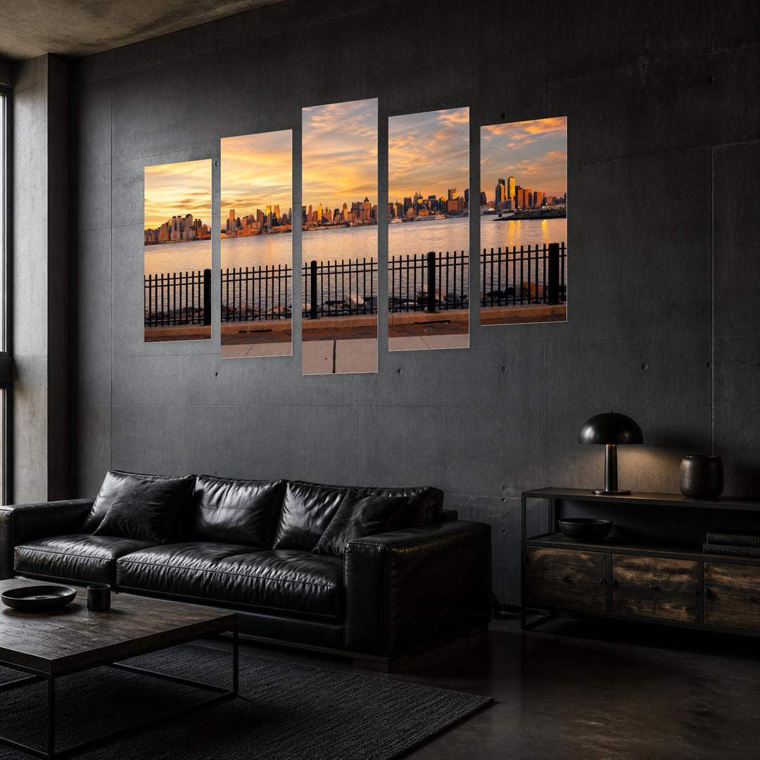 Golden Sunset over View of New York — five-panel wall art in perspective interior | 5wallart 51700 M2