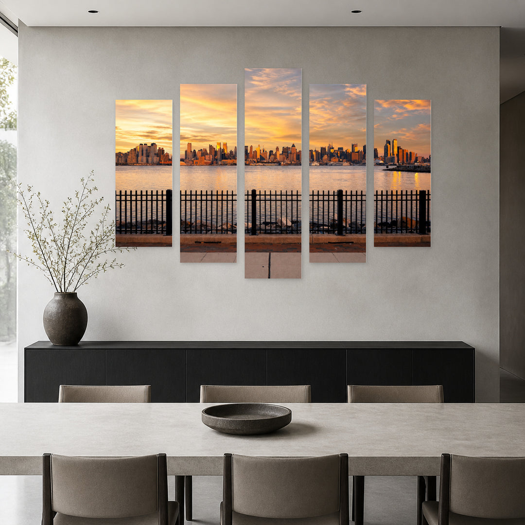 Golden Sunset over View of New York — five-panel wall art in frontal interior | 5wallart 51700 M3