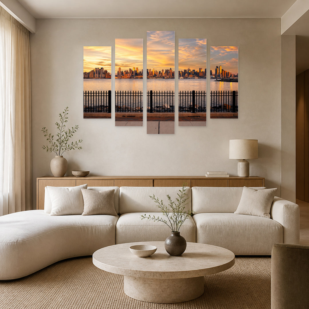 Golden Sunset over View of New York — five-panel wall art in alternate frontal interior | 5wallart 51700 M4