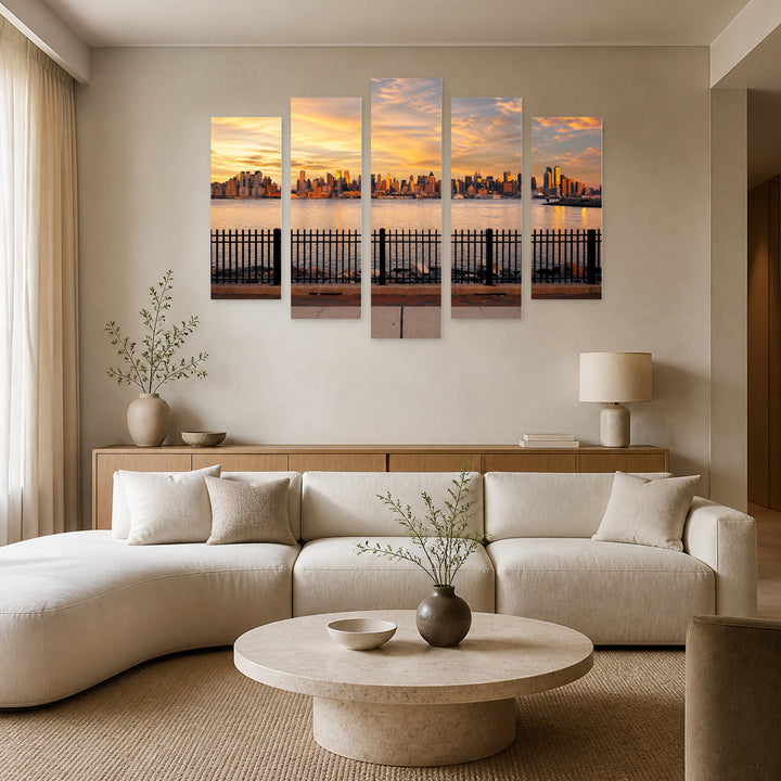 Golden Sunset over View of New York — five-panel wall art in alternate frontal interior | 5wallart 51700 M4