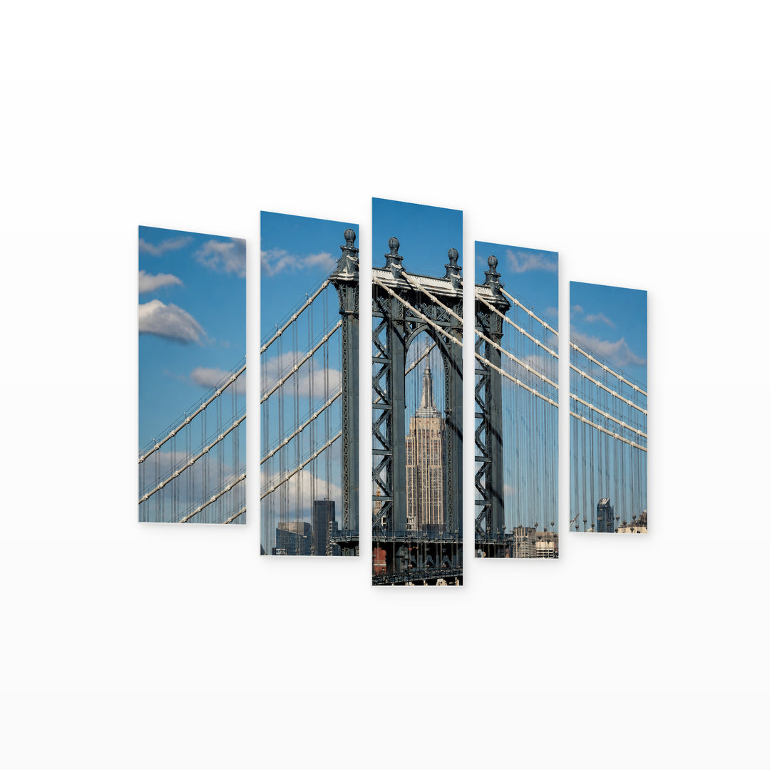 Manhattan Bridge Close-up in New York Urban Panorama — five-panel wall art on white background in perspective | 5wallart 51702 M1