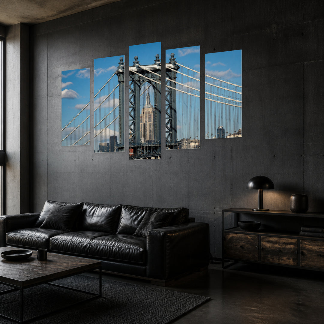 Manhattan Bridge Close-up in New York Urban Panorama — five-panel wall art in perspective interior | 5wallart 51702 M2
