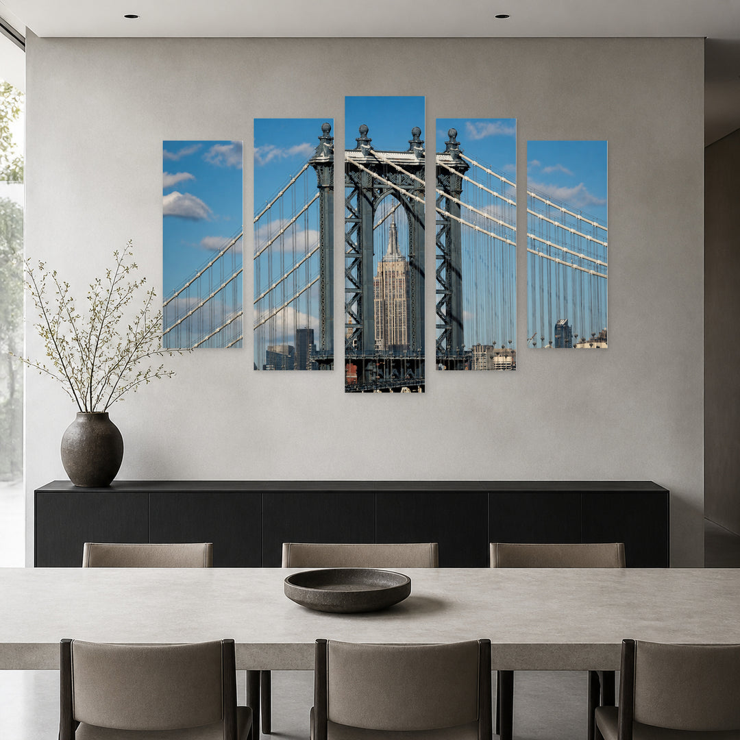 Manhattan Bridge Close-up in New York Urban Panorama — five-panel wall art in frontal interior | 5wallart 51702 M3