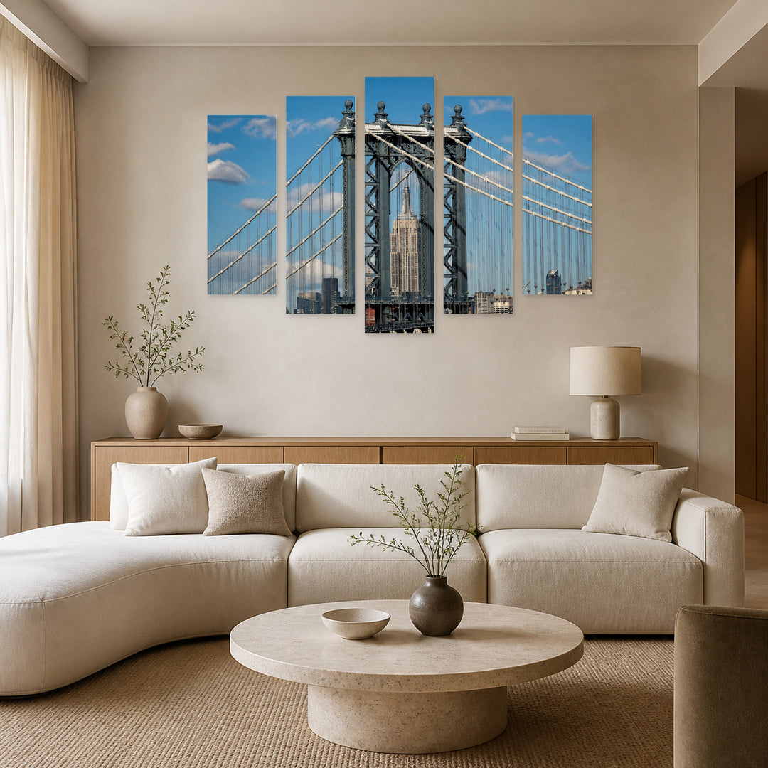 Manhattan Bridge Close-up in New York Urban Panorama — five-panel wall art in alternate frontal interior | 5wallart 51702 M4