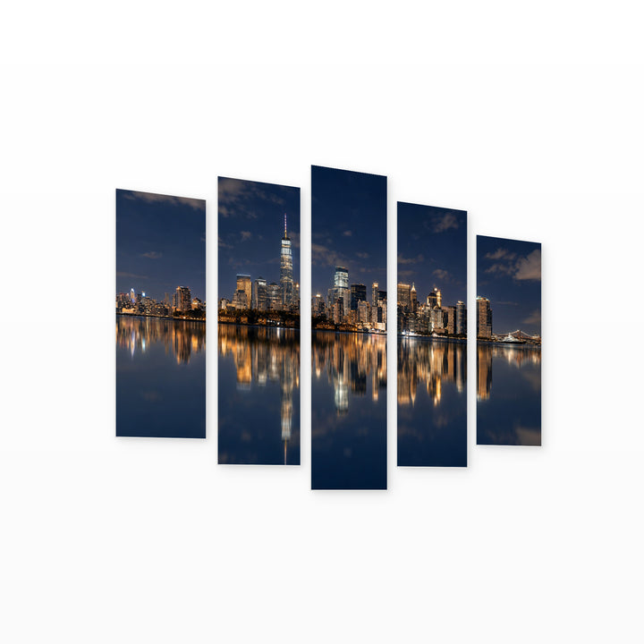 Manhattan over the River with Reflection at Night — five-panel wall art on white background in perspective | 5wallart 51705 M1