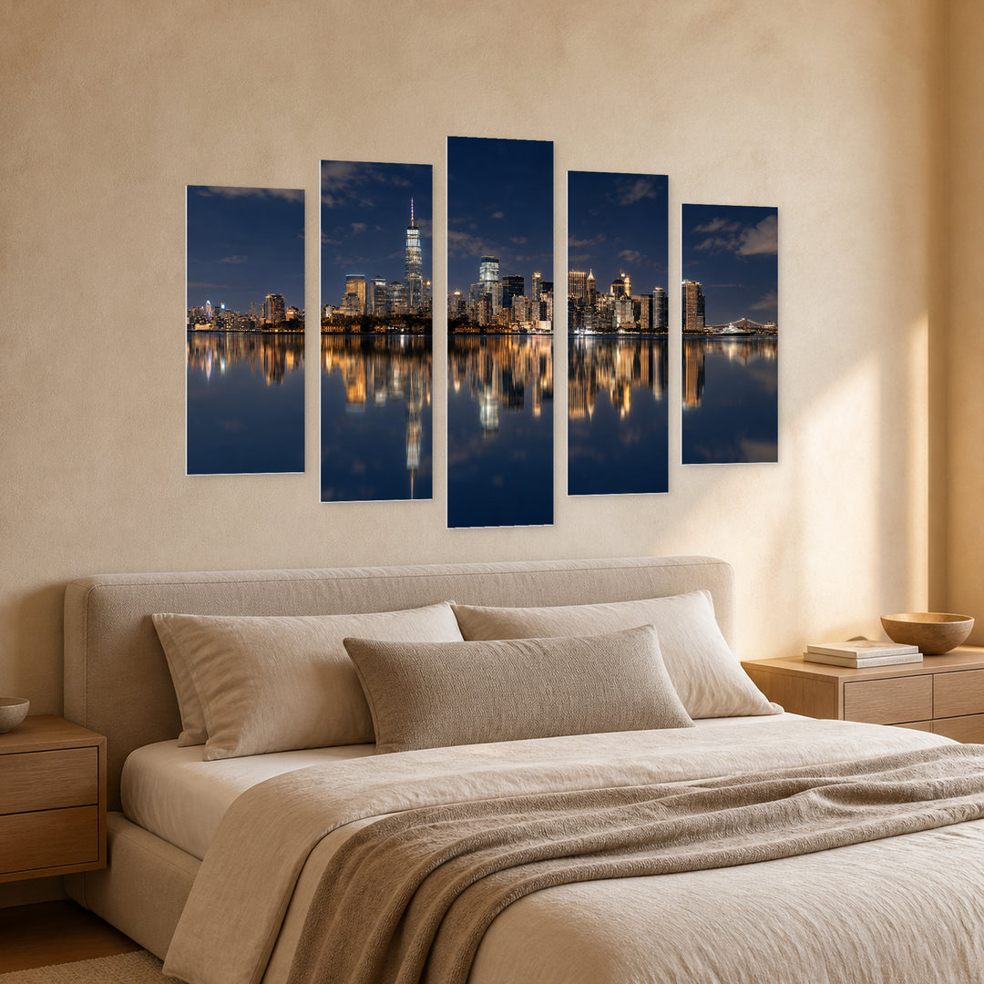Manhattan over the River with Reflection at Night — five-panel wall art in perspective interior | 5wallart 51705 M2
