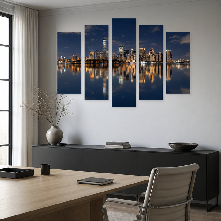 Manhattan over the River with Reflection at Night — five-panel wall art in alternate frontal interior | 5wallart 51705 M4