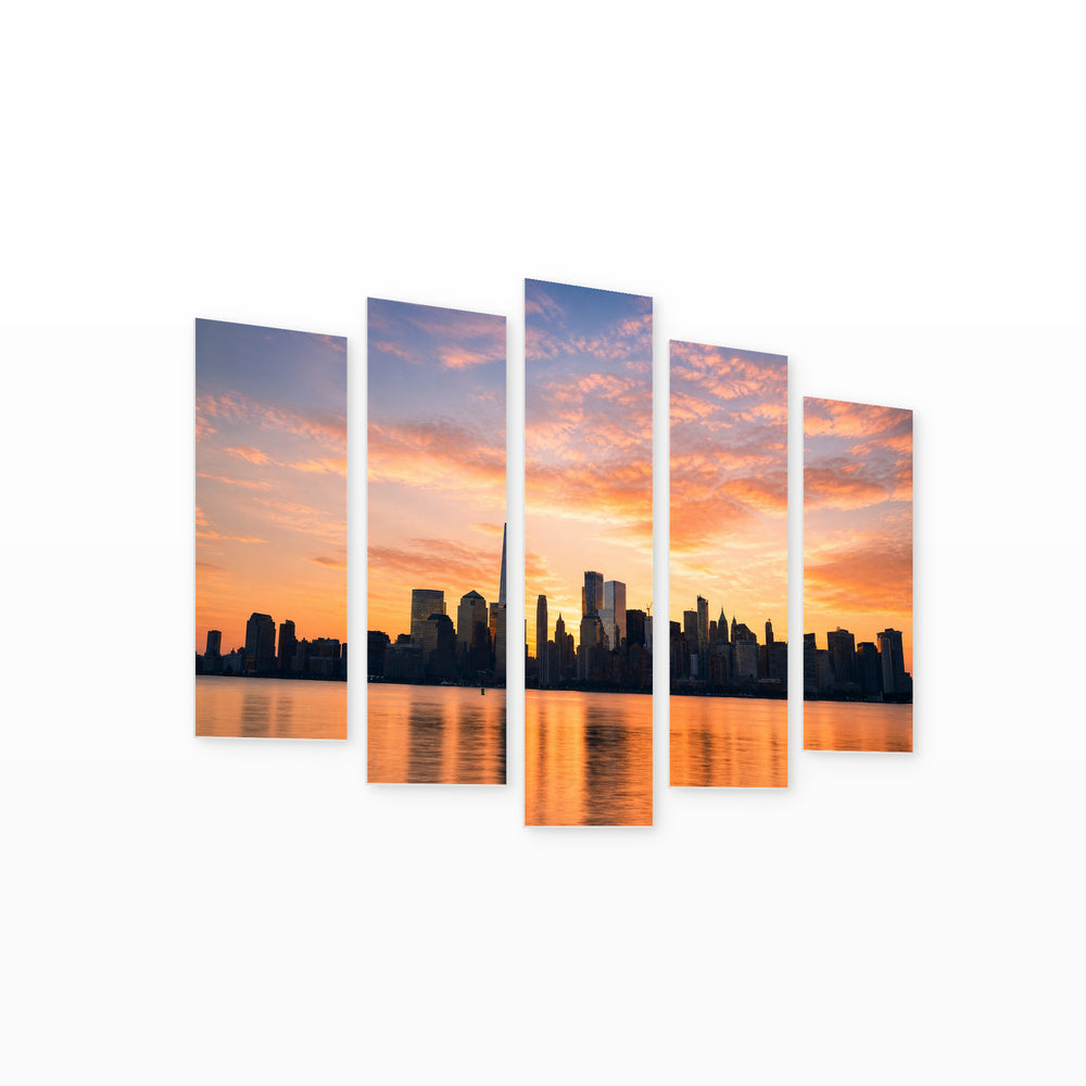 New York Sunrise Urban Panorama — five-panel wall art on white background in perspective | 5wallart 51708 M1