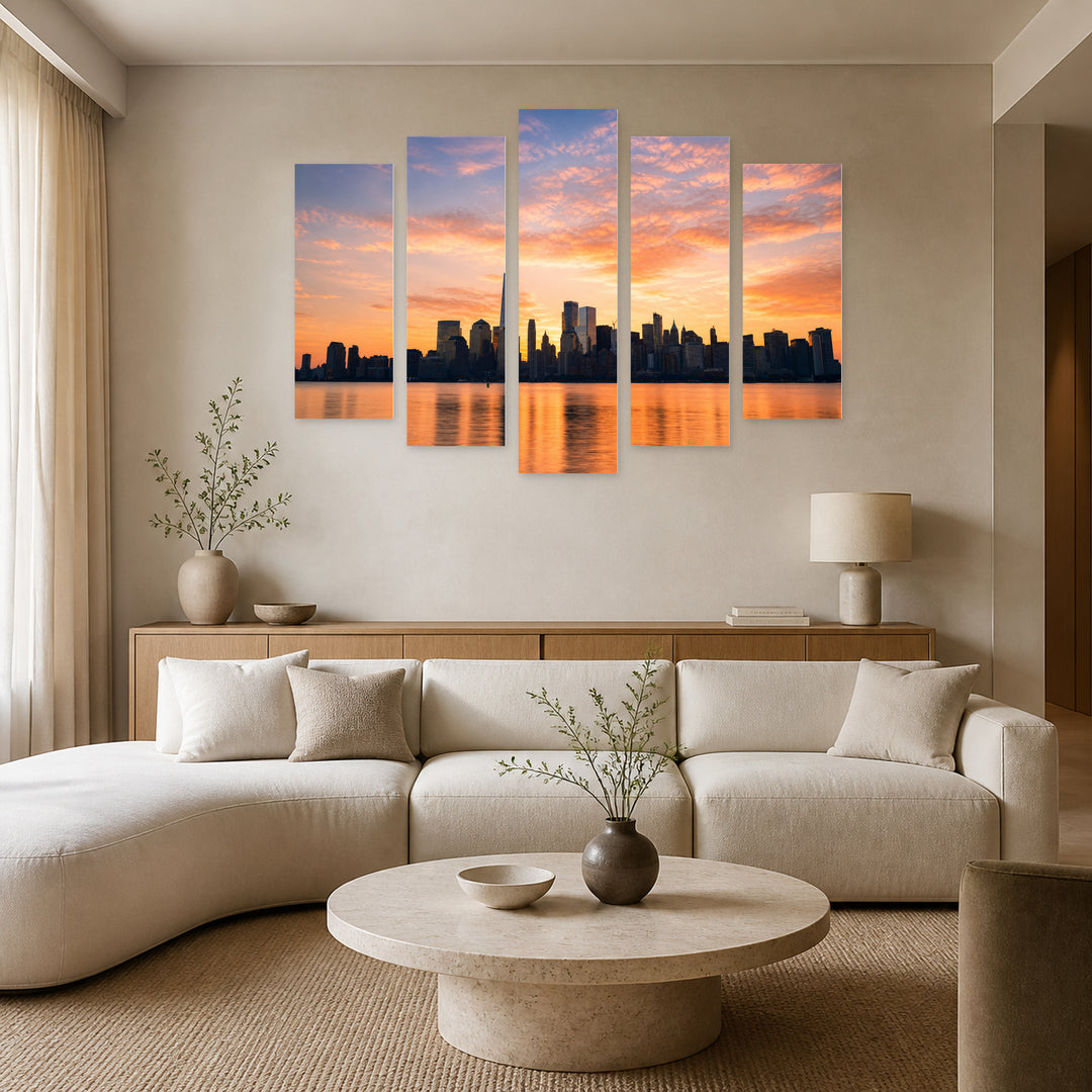 New York Sunrise Urban Panorama — five-panel wall art in alternate frontal interior | 5wallart 51708 M4