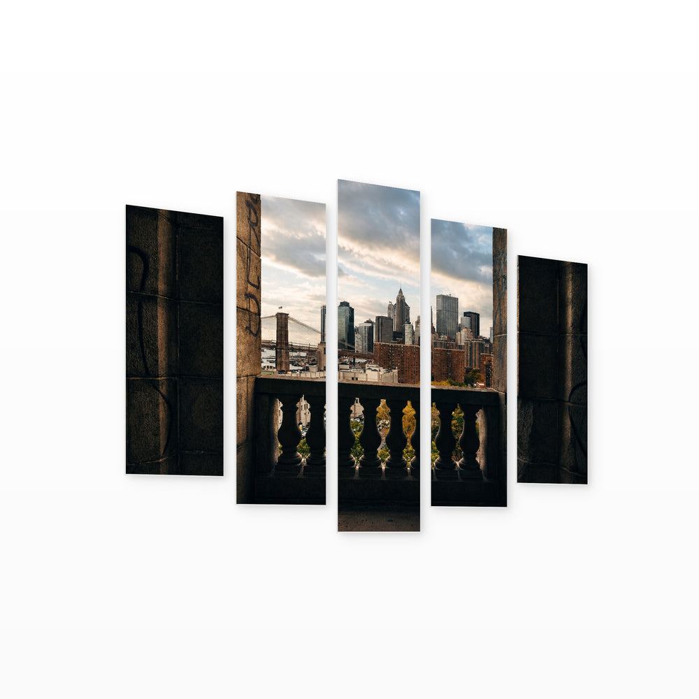 New York Through a Balcony with Geometric Rhythm — five-panel wall art on white background in perspective | 5wallart 51709 M1