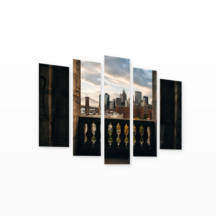 New York Through a Balcony with Geometric Rhythm — five-panel wall art on white background in perspective | 5wallart 51709 M1