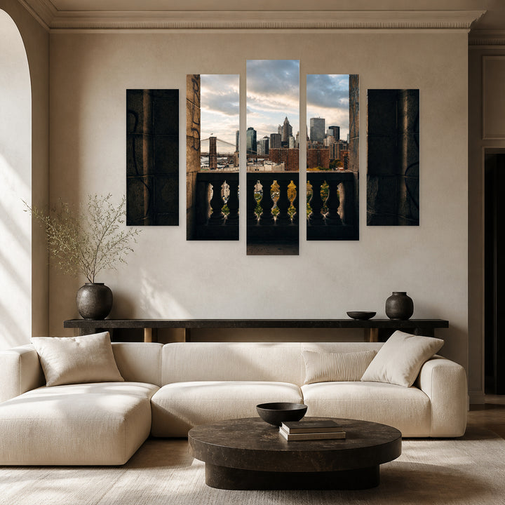 New York Through a Balcony with Geometric Rhythm — five-panel wall art in frontal interior | 5wallart 51709 M3