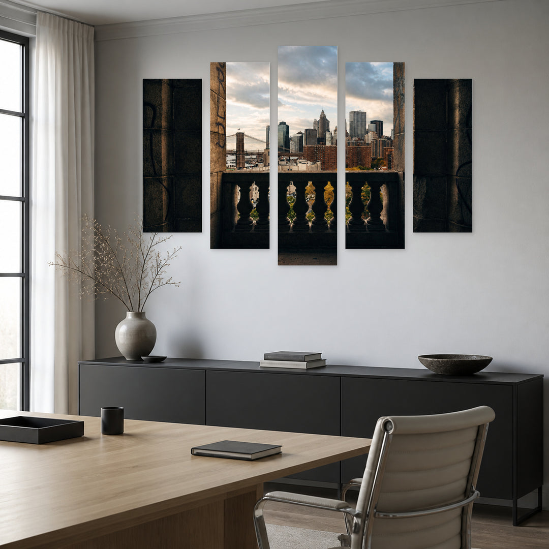 New York Through a Balcony with Geometric Rhythm — five-panel wall art in alternate frontal interior | 5wallart 51709 M4