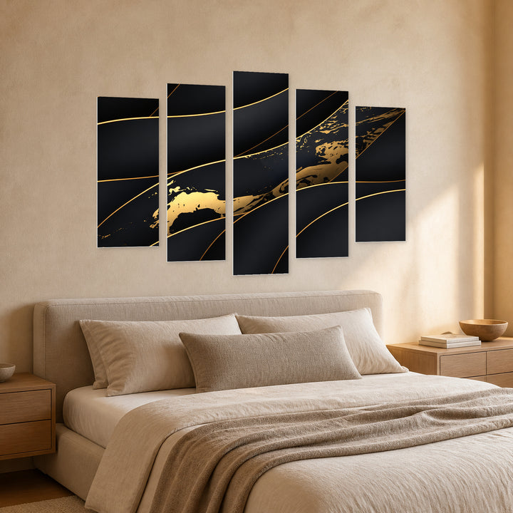 Luxury Background with Waves with Geometric Rhythm — five-panel wall art in perspective interior | 5wallart 51721 M2