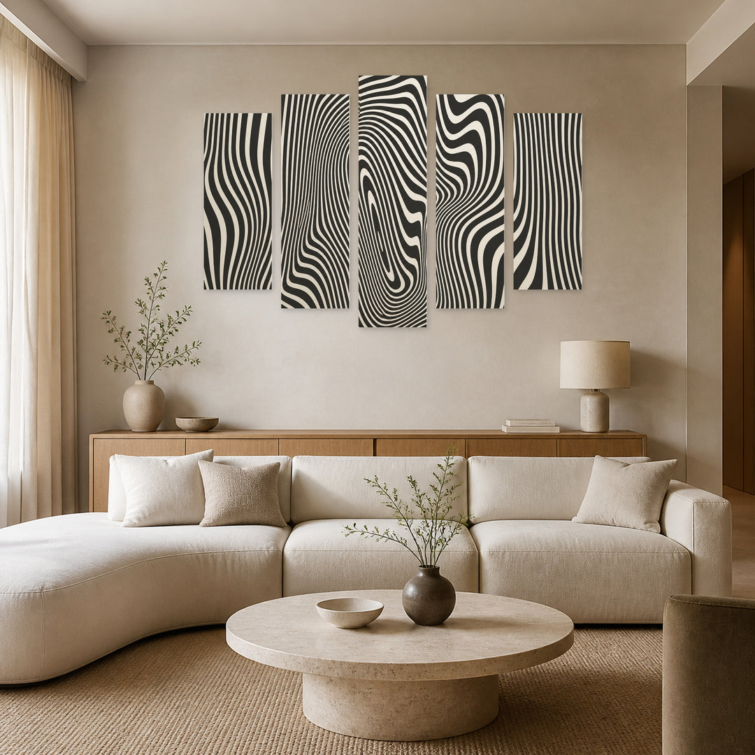 Abstract Wavy Lines in Serene Light — five-panel wall art in alternate frontal interior | 5wallart 51730 M4